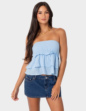 EDIKTED Linen Look Strapless Peplum Top Primary Image
