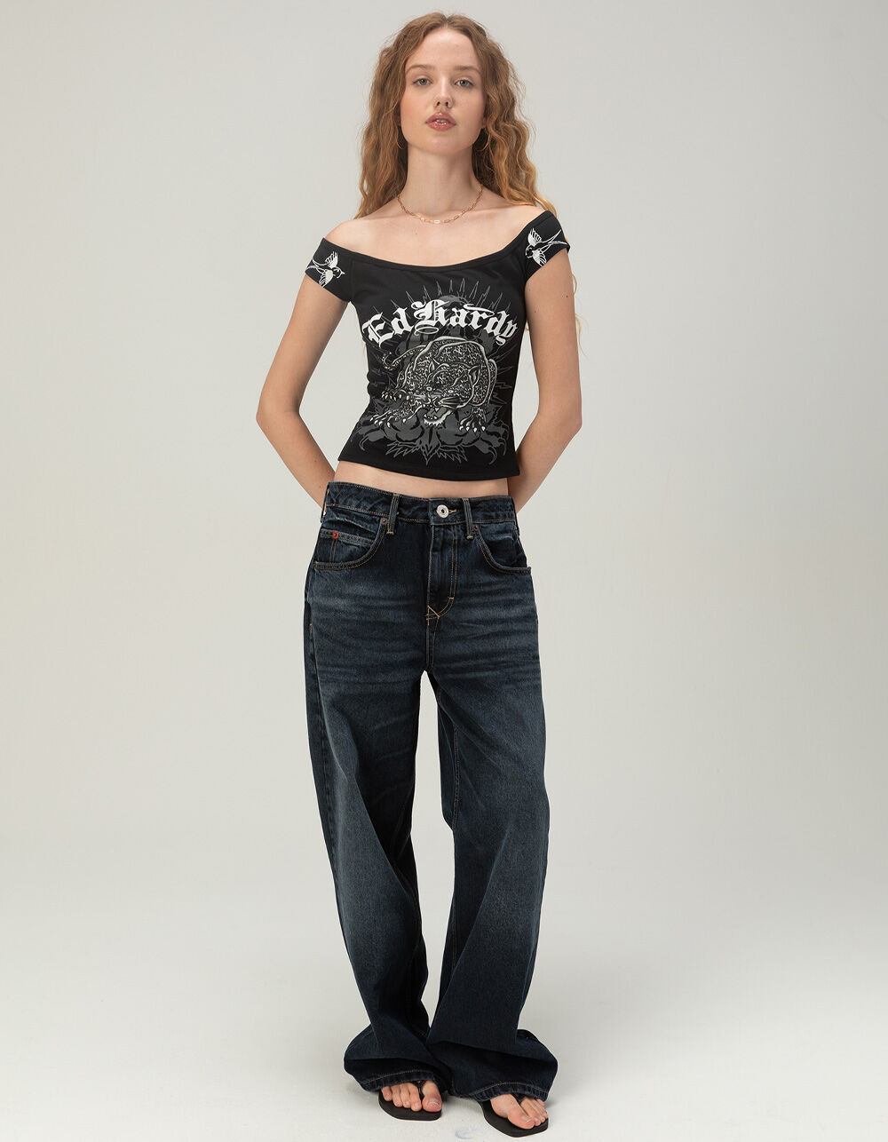 ED HARDY Leopard Panther Womens Off The Shoulder Top - BLACK - XL