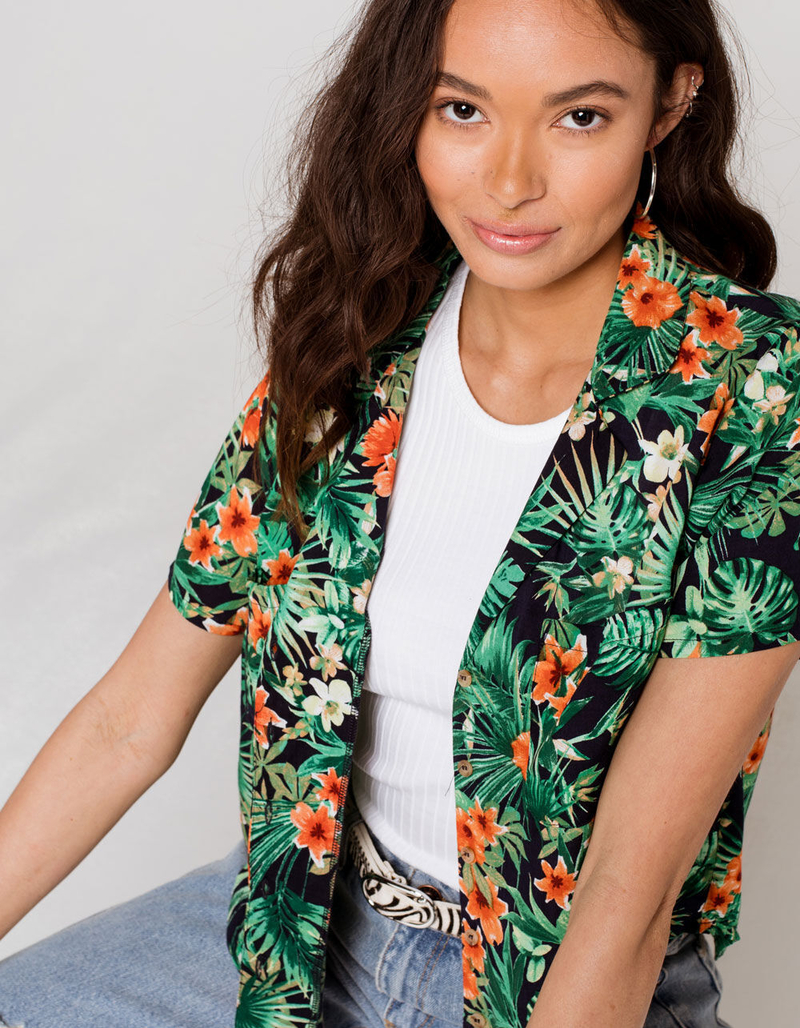 FULL TILT Hawaiian Leaf Womens Camp Shirt image number 1