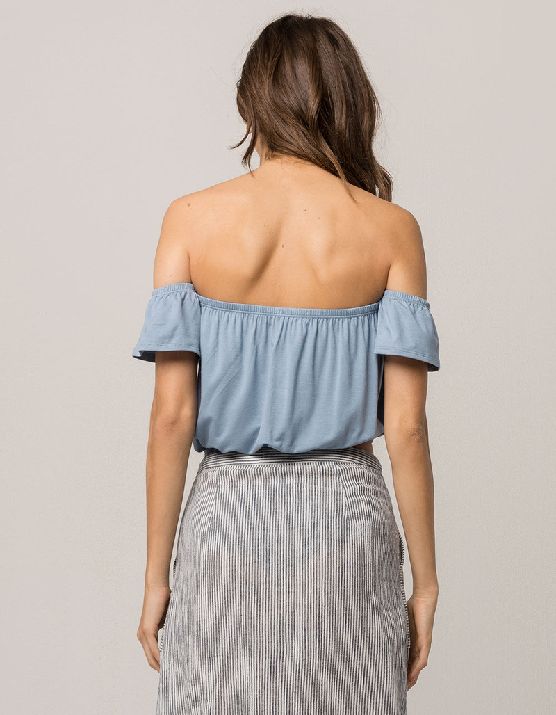 IVY & MAIN Off The Shoulder Light Blue Womens Crop Top image number 2