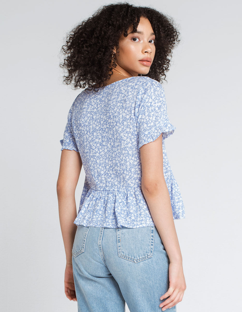 SKY AND SPARROW Ditsy Ruffle Womens Light Blue Babydoll Top image number 2