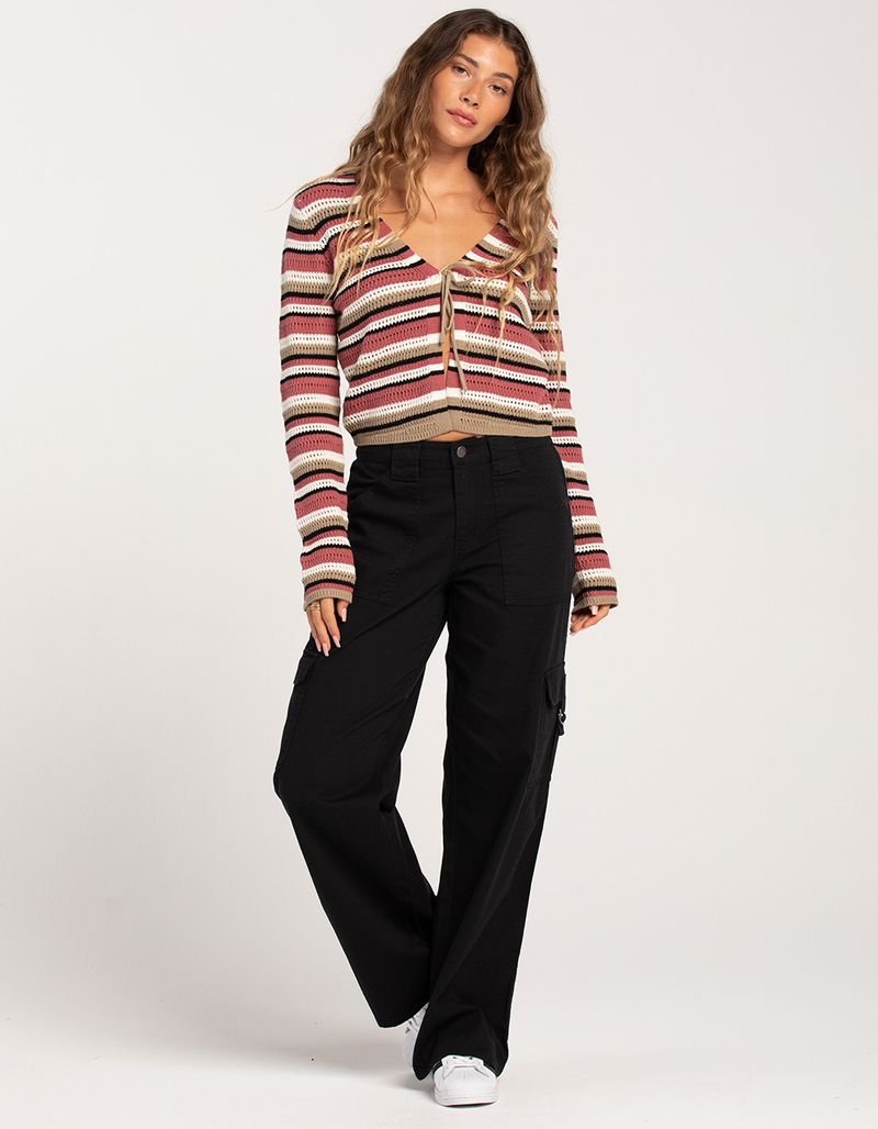 FULL TILT Stripe Open Knit Tie Front Womens Top image number 4
