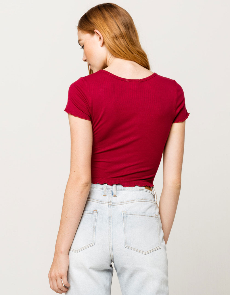BOZZOLO Ribbed Lettuce Edge Cranberry Womens Crop Tee image number 2