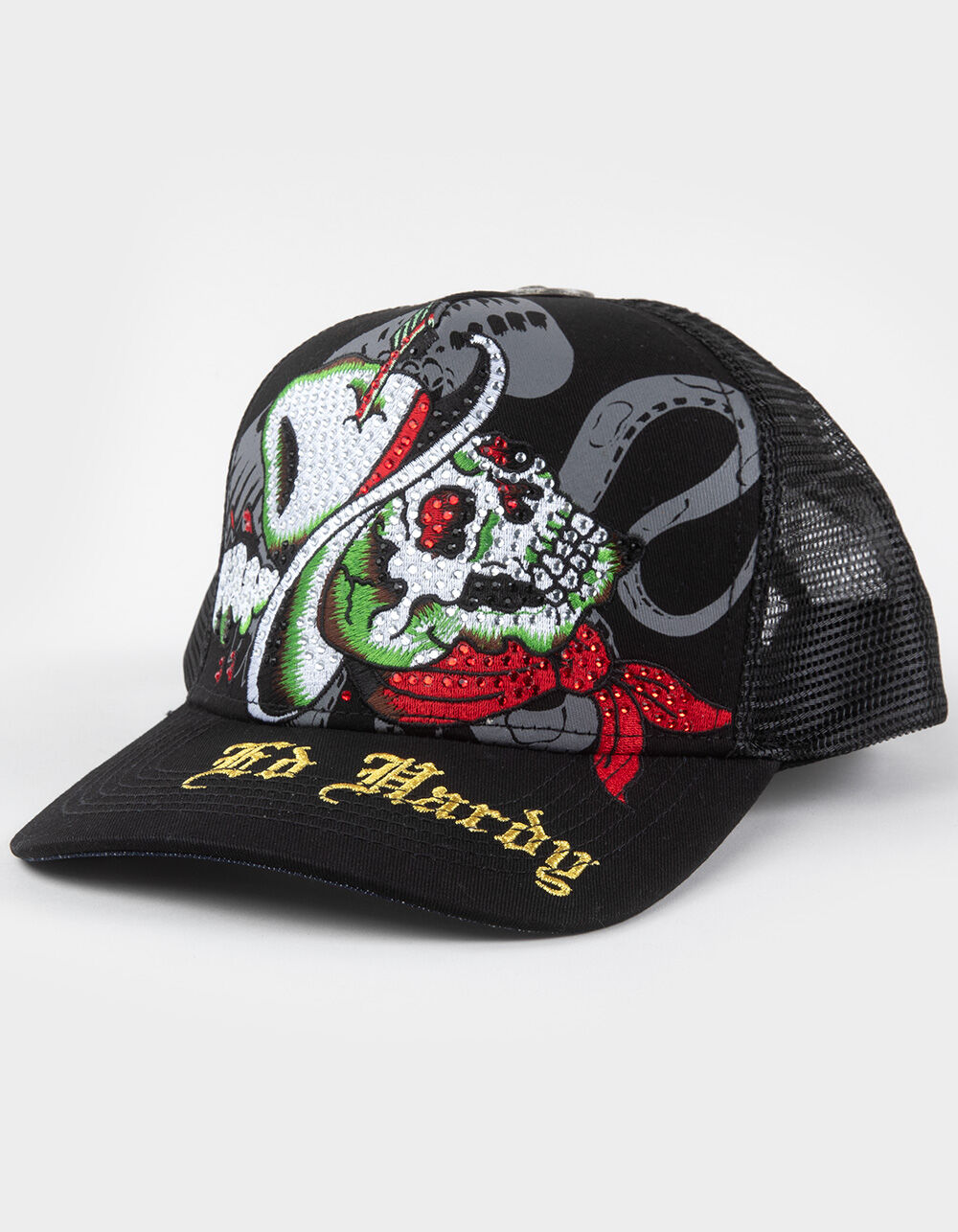 ED HARDY Cowboy Skull Rhinestone Womens Trucker Hat - BLACK - ONE