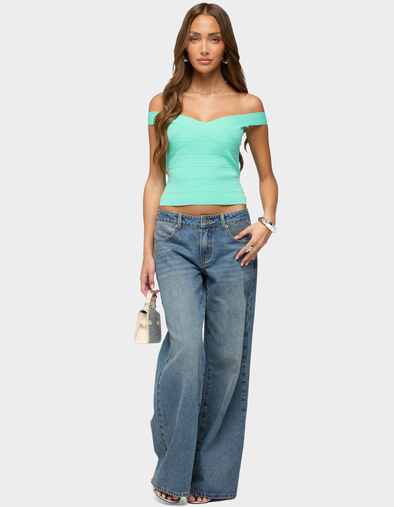 EDIKTED Rhinestone Low Rise Wide Leg Jeans image number 4