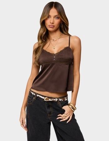 EDIKTED Blanca Satin Effect Lace Trim Tank Top Primary Image