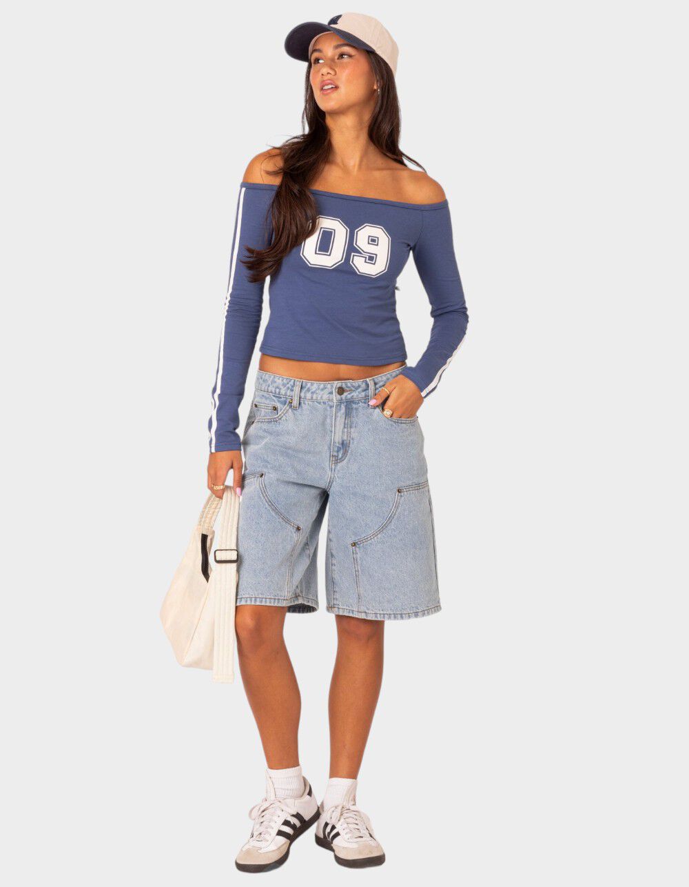 EDIKTED 90's Off Shoulder Long Sleeve Tee - BLUE | Tillys