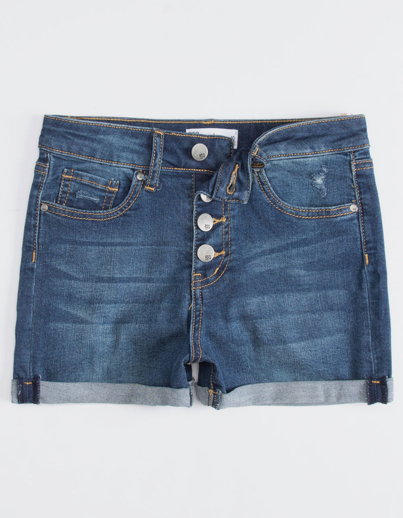 RSQ Sunset High Rise Exposed Button Dark Wash Girls Denim Shorts image number 0
