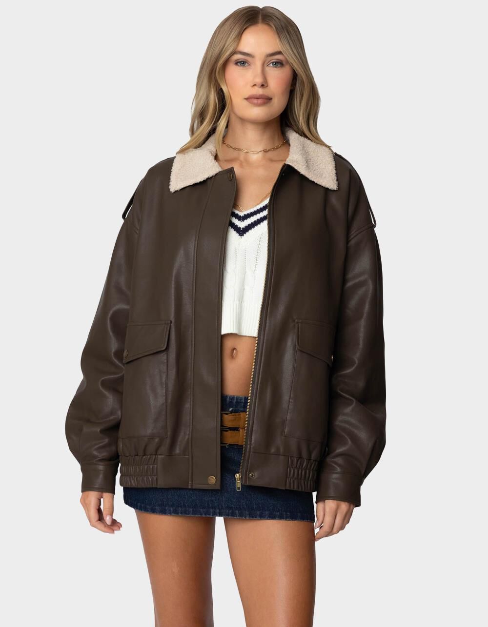 EDIKTED Ann Oversized Faux Leather Jacket - BROWN | Tillys