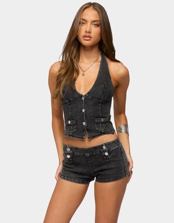 EDIKTED Sashe Button Up Denim Halter Top Primary Image