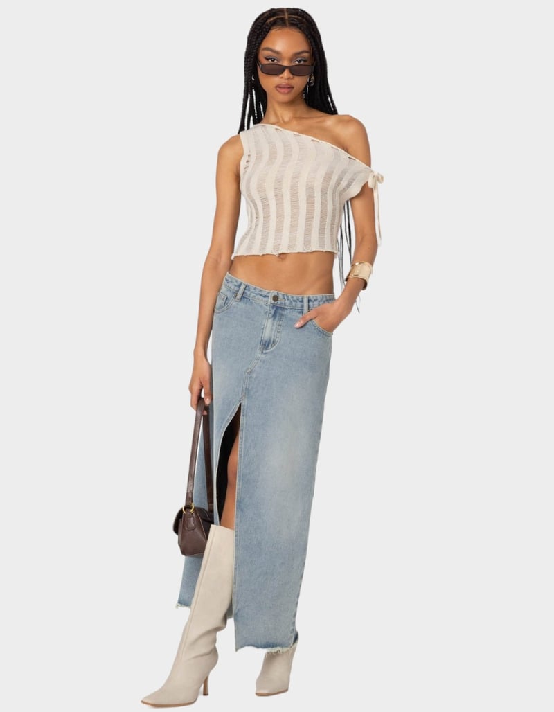 EDIKTED Tamra Sheer Knit Asymmetric Top image number 1
