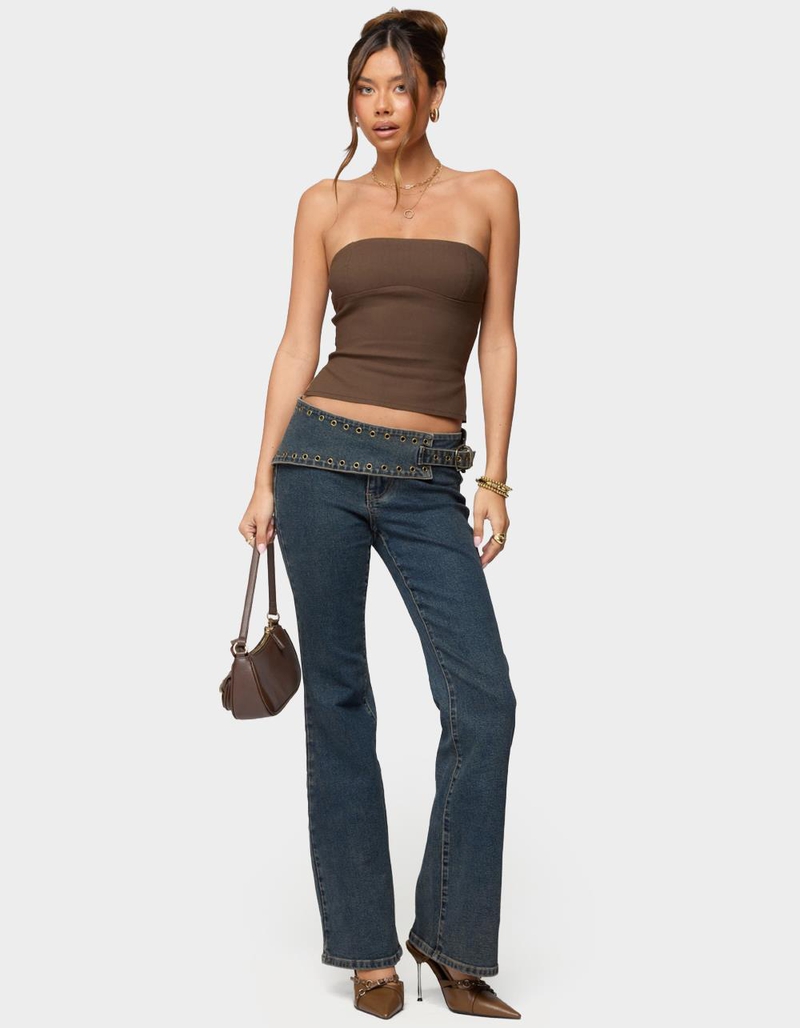 EDIKTED Asymmetric Grommet Belt Low Rise Flared Jeans image number 4