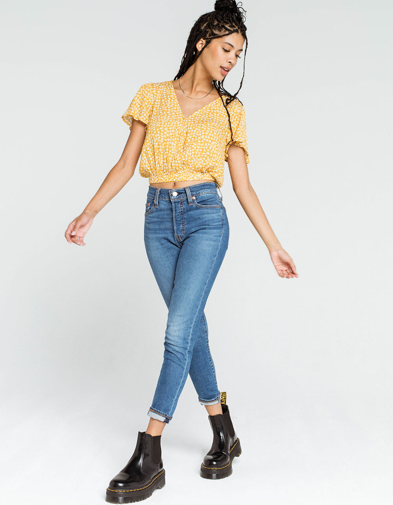 SKY AND SPARROW Flutter Sleeve Womens Mustard Wrap Top image number 3