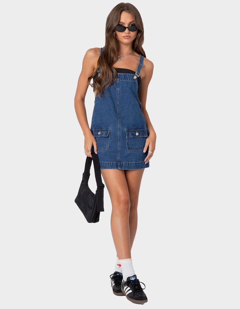 EDIKTED Overall Denim Mini Dress - LIGHT BLUE