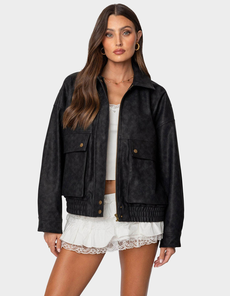 EDIKTED Cargo Faux Leather Bomber Jacket image number 0