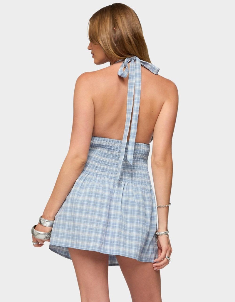 EDIKTED Plaid Smocked Halter Mini Dress image number 2