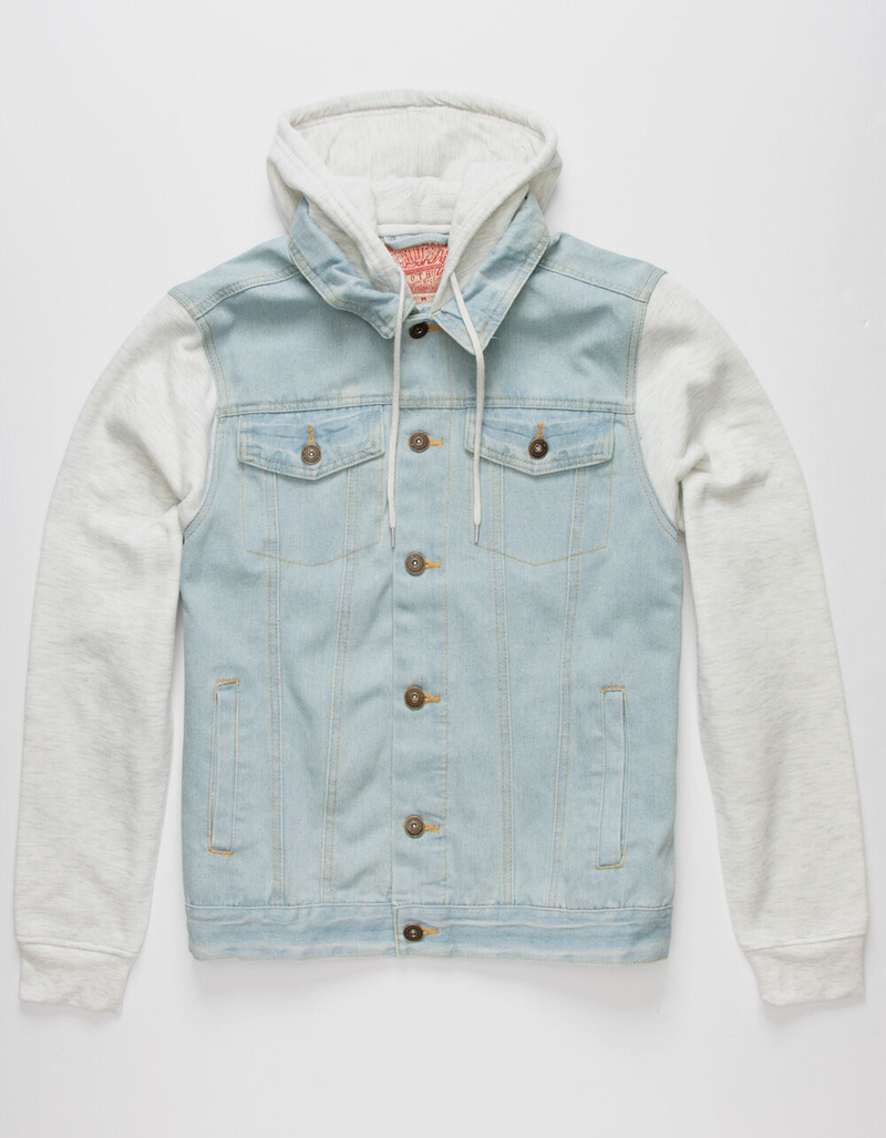 BROOKLYN CLOTH Knit Sleeve Mens Light Wash Hooded Denim Jacket image number 0