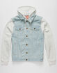 BROOKLYN CLOTH Knit Sleeve Mens Light Wash Hooded Denim Jacket image number 1