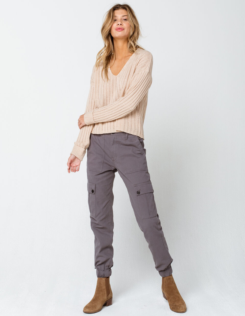 SKY AND SPARROW Open Weave V Neck Womens Tan Crop Sweater image number 3