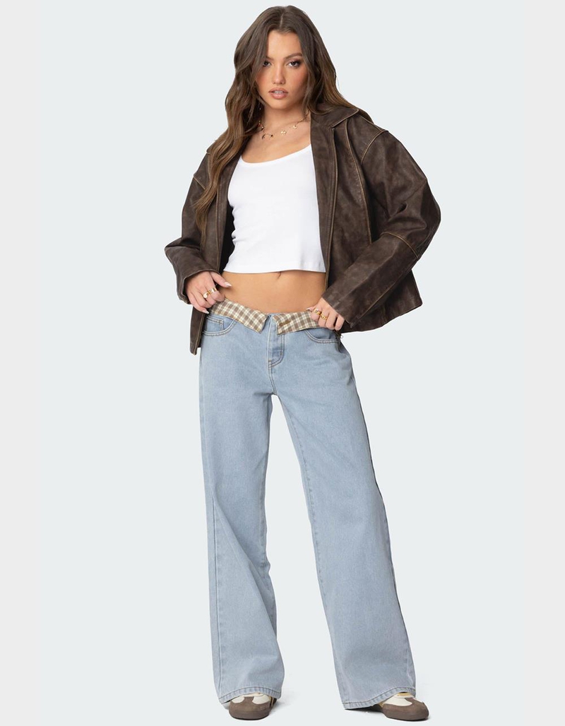 EDIKTED Peekaboo Plaid Low Rise Jeans image number 4