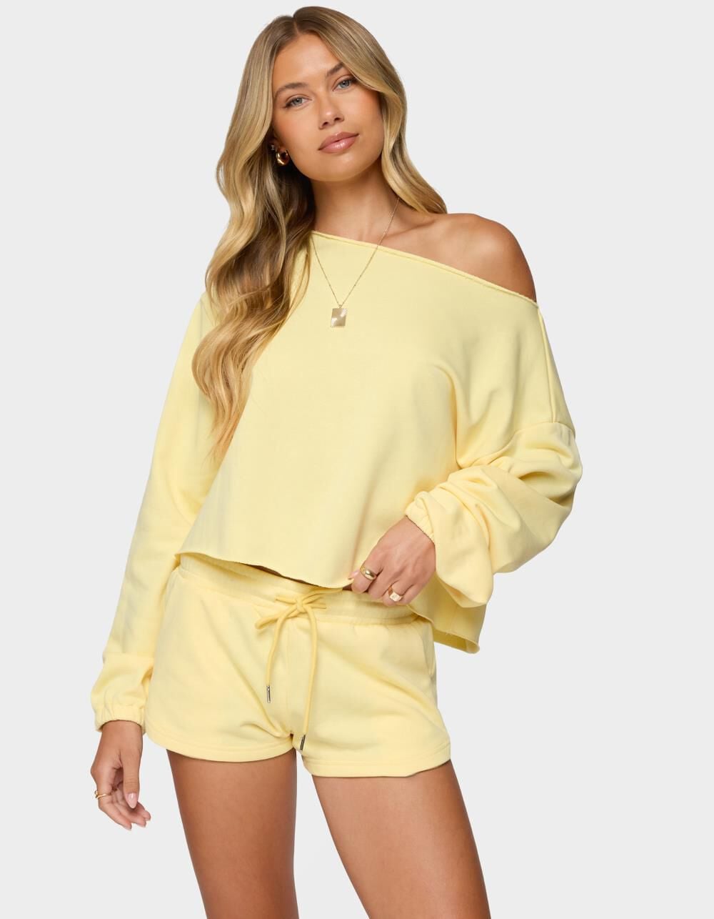 EDIKTED Kordelia Off Shoulder Sweatshirt - YELLOW | Tillys