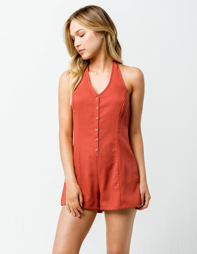 SKY AND SPARROW Button Front Halter Womens Romper image number 1