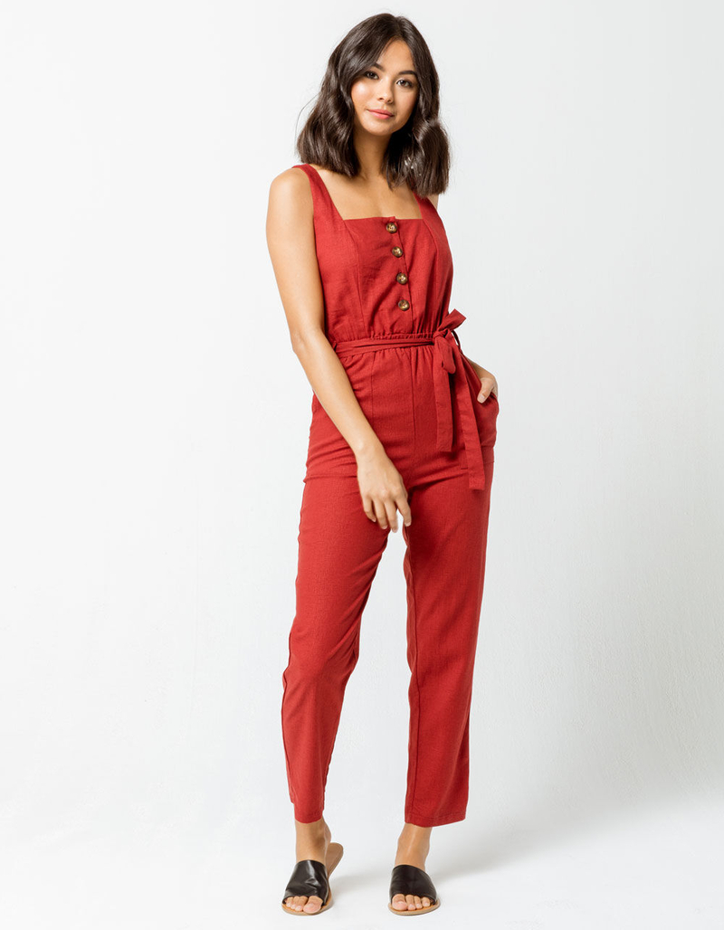 MIMI CHICA Button Front Linen Burgundy Womens Jumpsuit image number 3