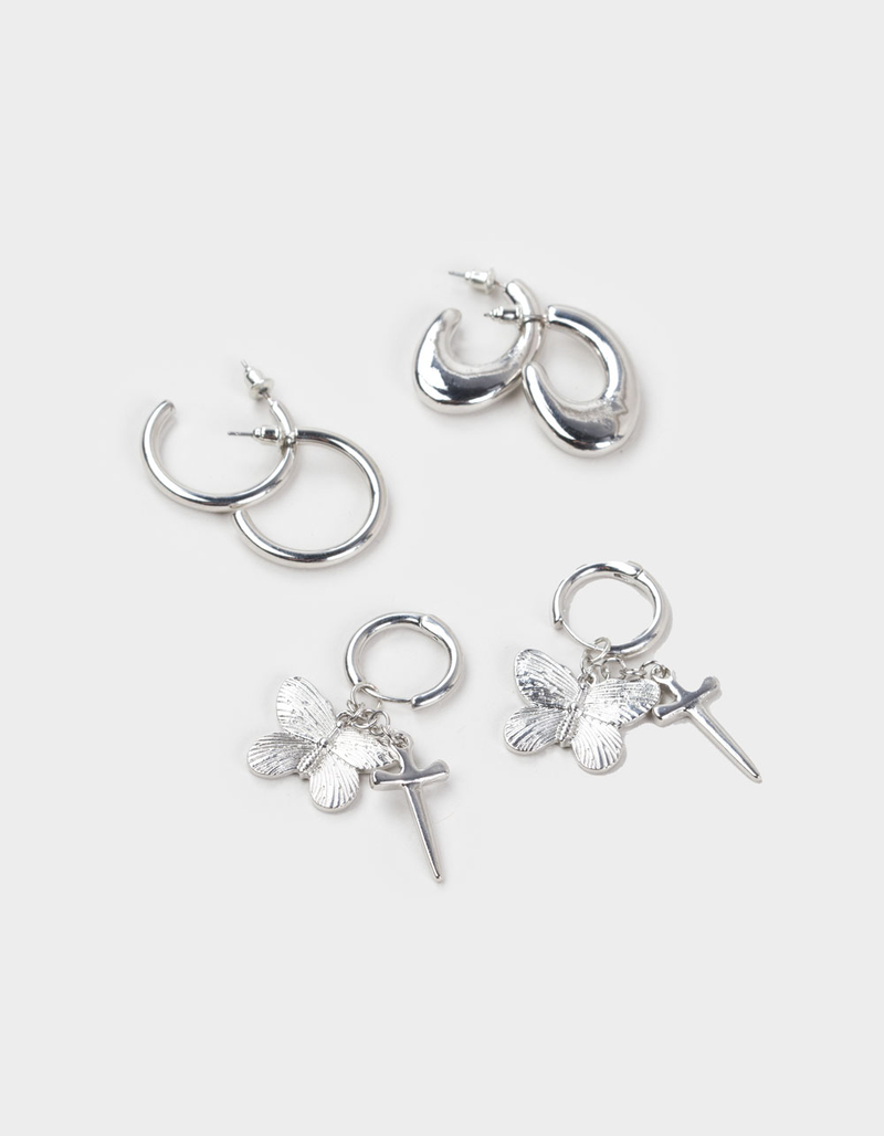 FULL TILT 3 Pack Butterfly/Sword Hoop Earrings image number 1