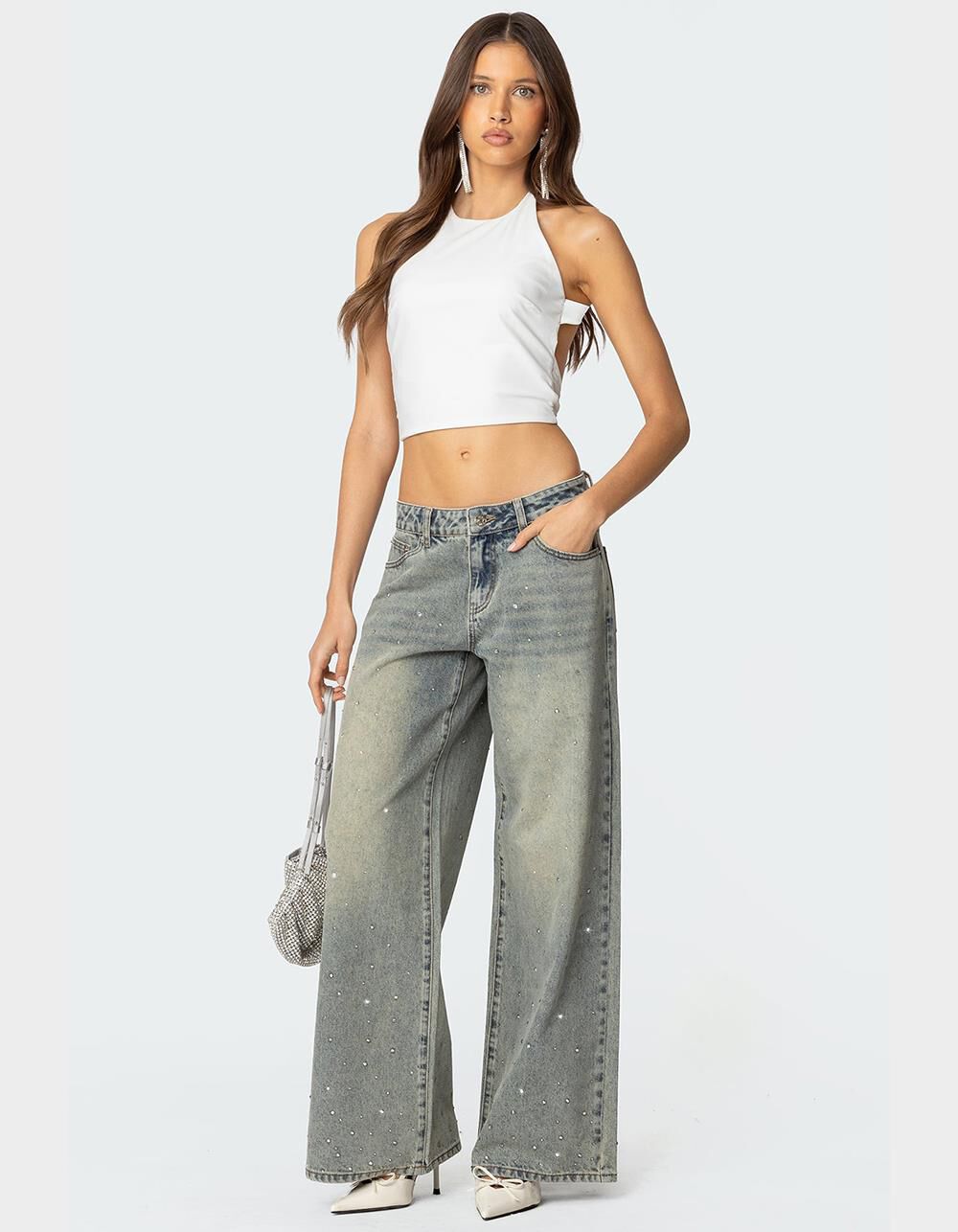 【SCULPTOR】Rhinestone Lowrise Denim EDIKTED Rhinestone Low Rise Washed Jeans - GRAY | Tillys