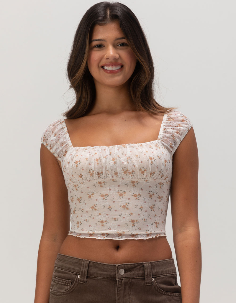 FULL TILT Print Rouched Lace Womens Top image number 0