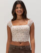 FULL TILT Print Rouched Lace Womens Top image number 1