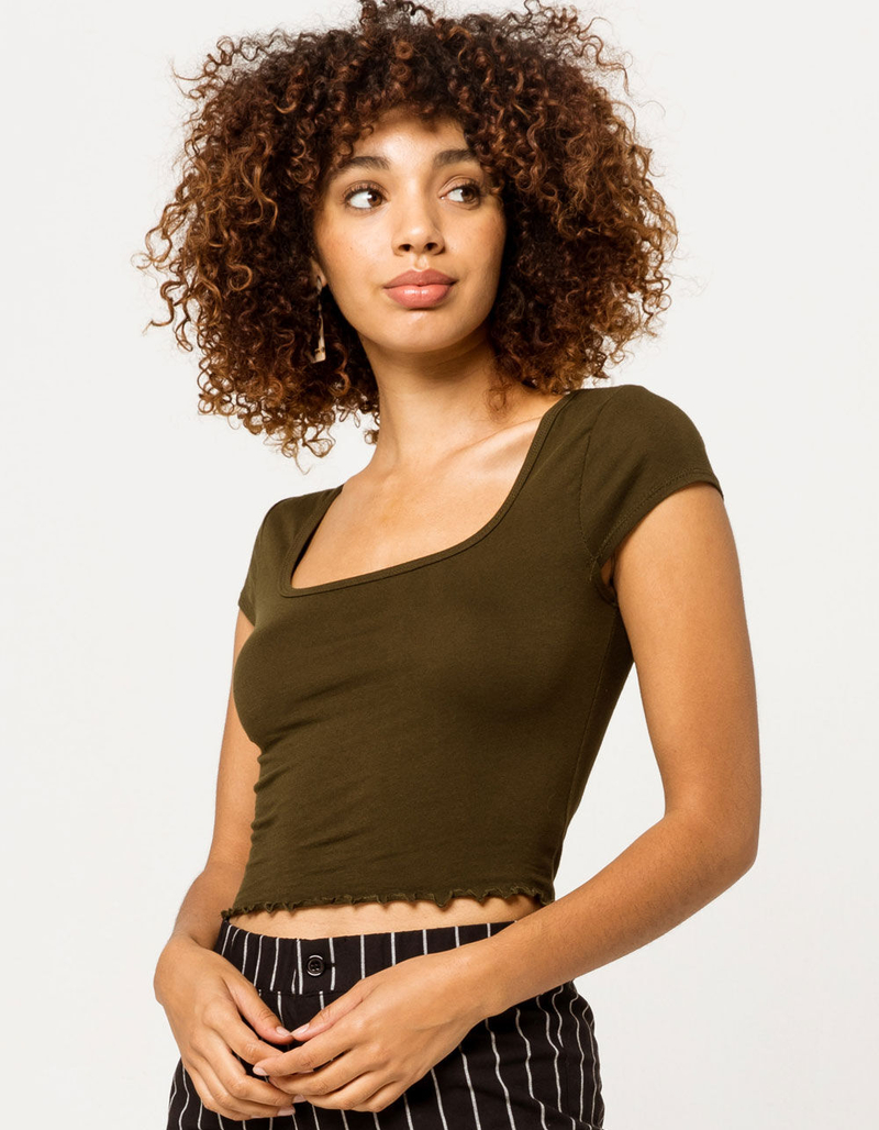 BOZZOLO Square Neck Lettuce Edge Olive Womens Tee image number 1