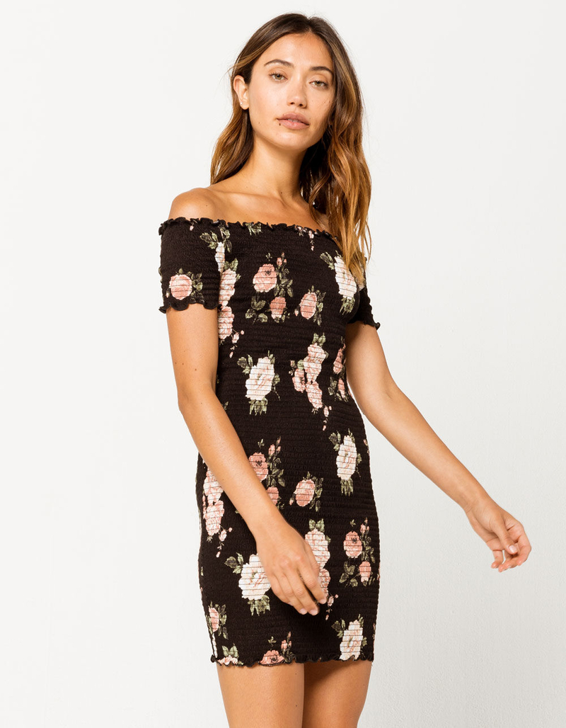 HEART & HIPS Smocked Black Off The Shoulder Dress image number 1