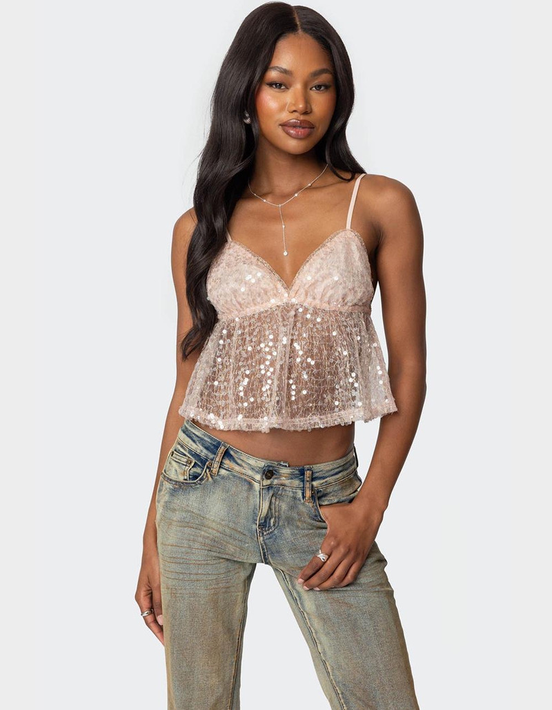 EDIKTED Sheer Sequin Babydoll Tank Top image number 0
