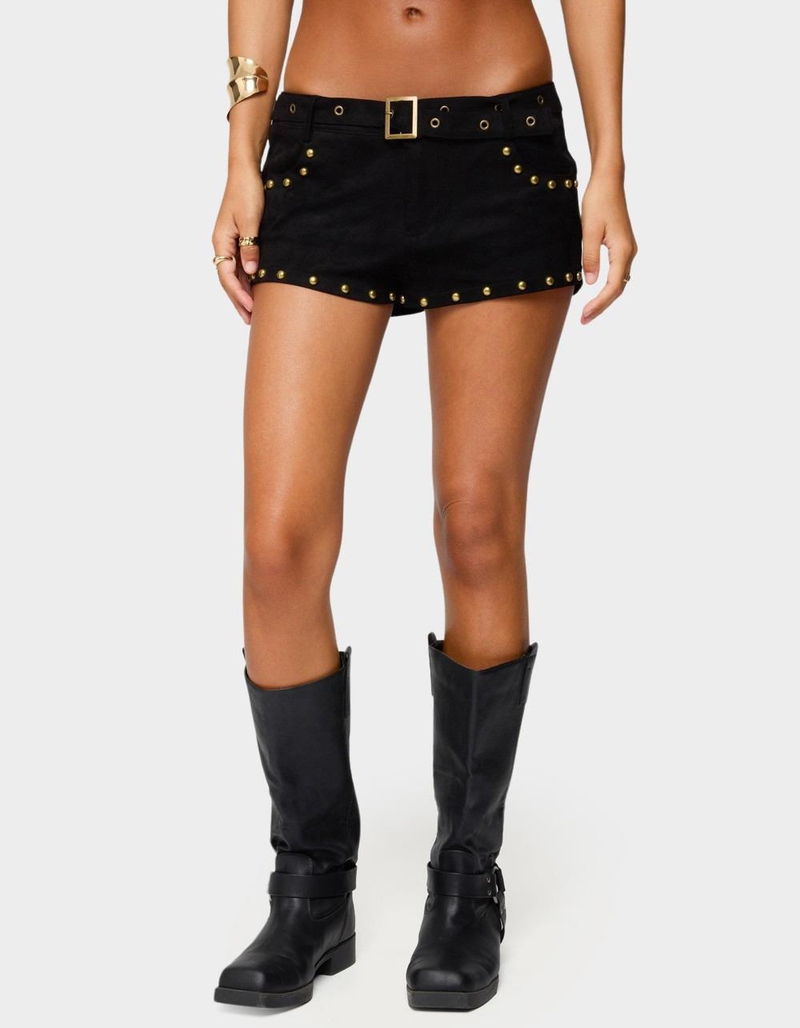 EDIKTED Studded Faux Suede Micro Shorts image number 0