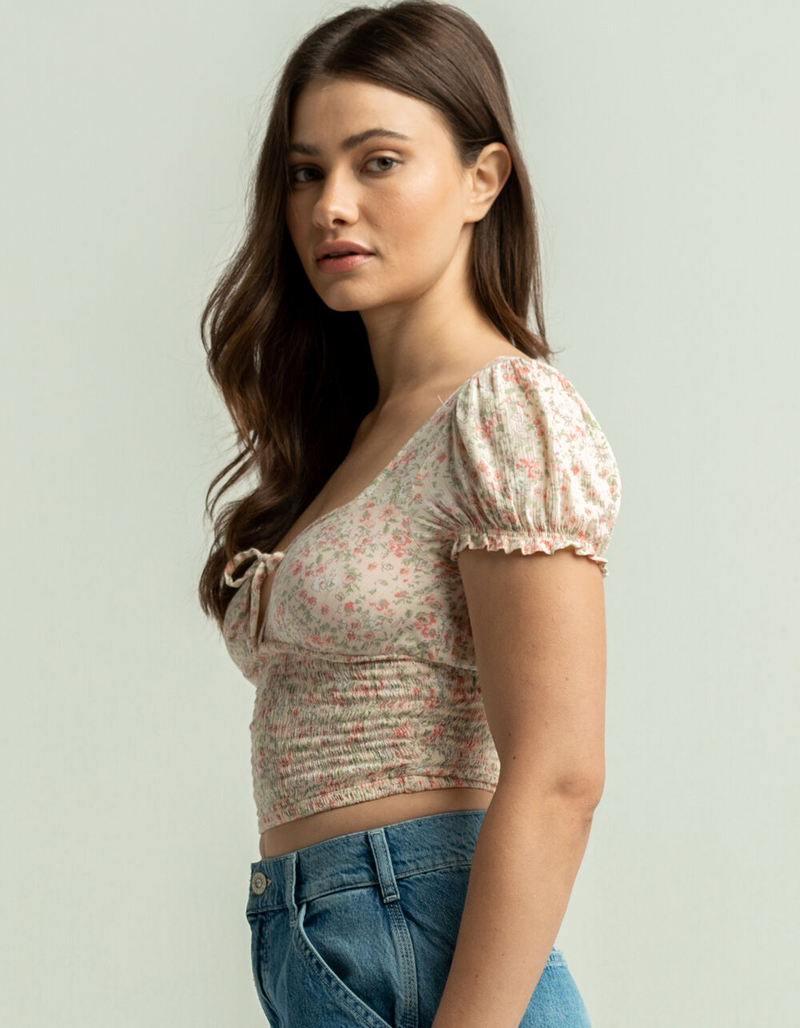 SKY AND SPARROW Ditsy Womens Cream Tie Front Smock Top image number 1