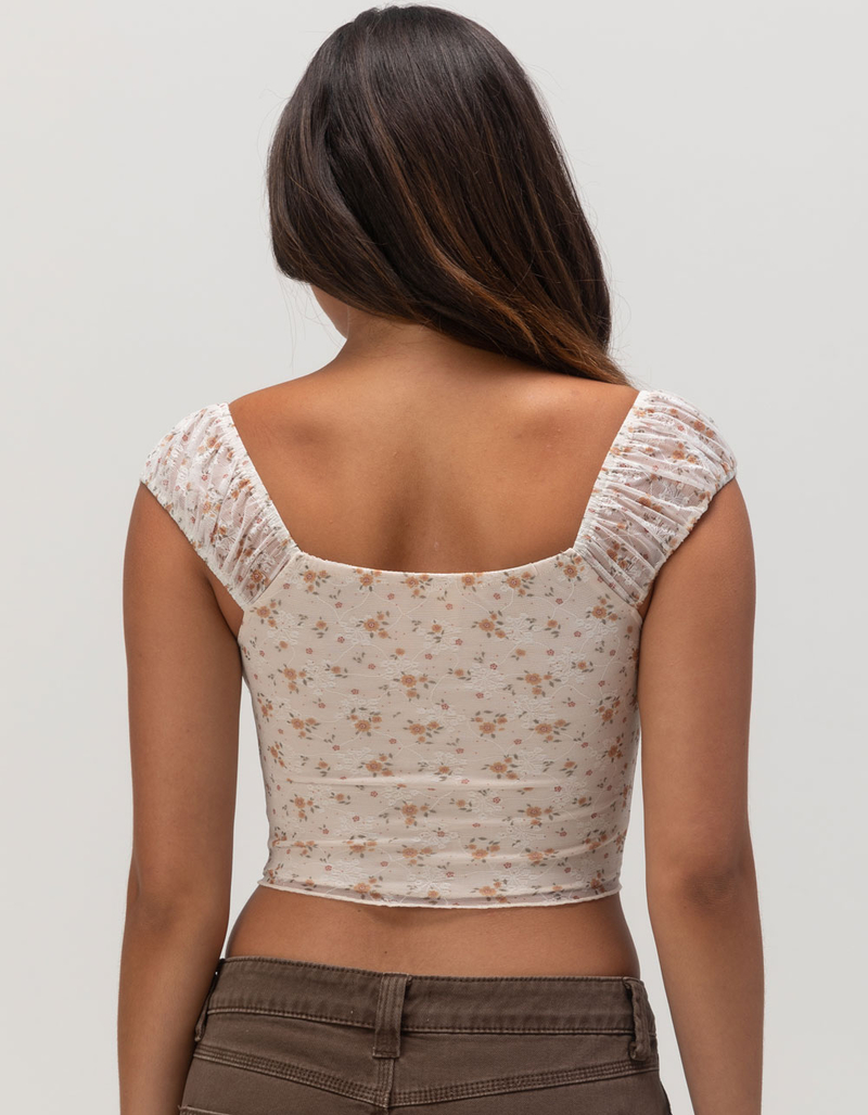 FULL TILT Print Rouched Lace Womens Top image number 3