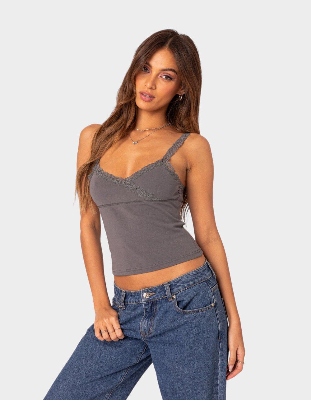 EDIKTED Amilia Lace Trim Tank Top - GRAY | Tillys