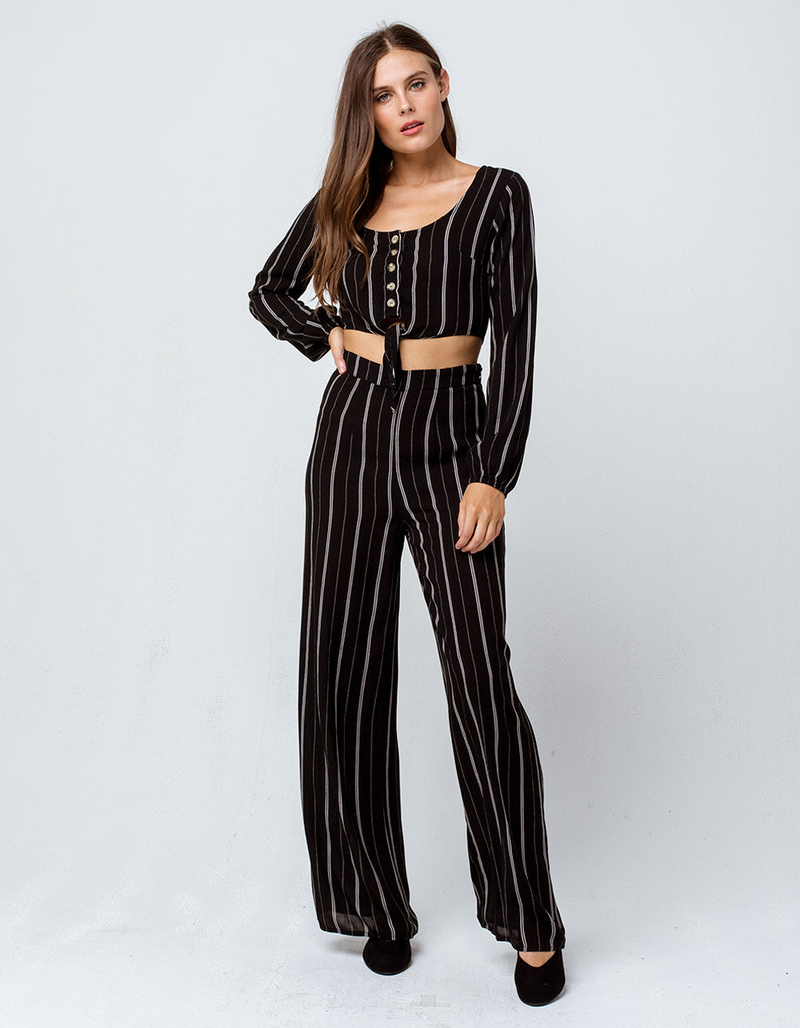 SKY AND SPARROW Stripe Button Tie Front Womens Crop Top And Pants Set image number 0