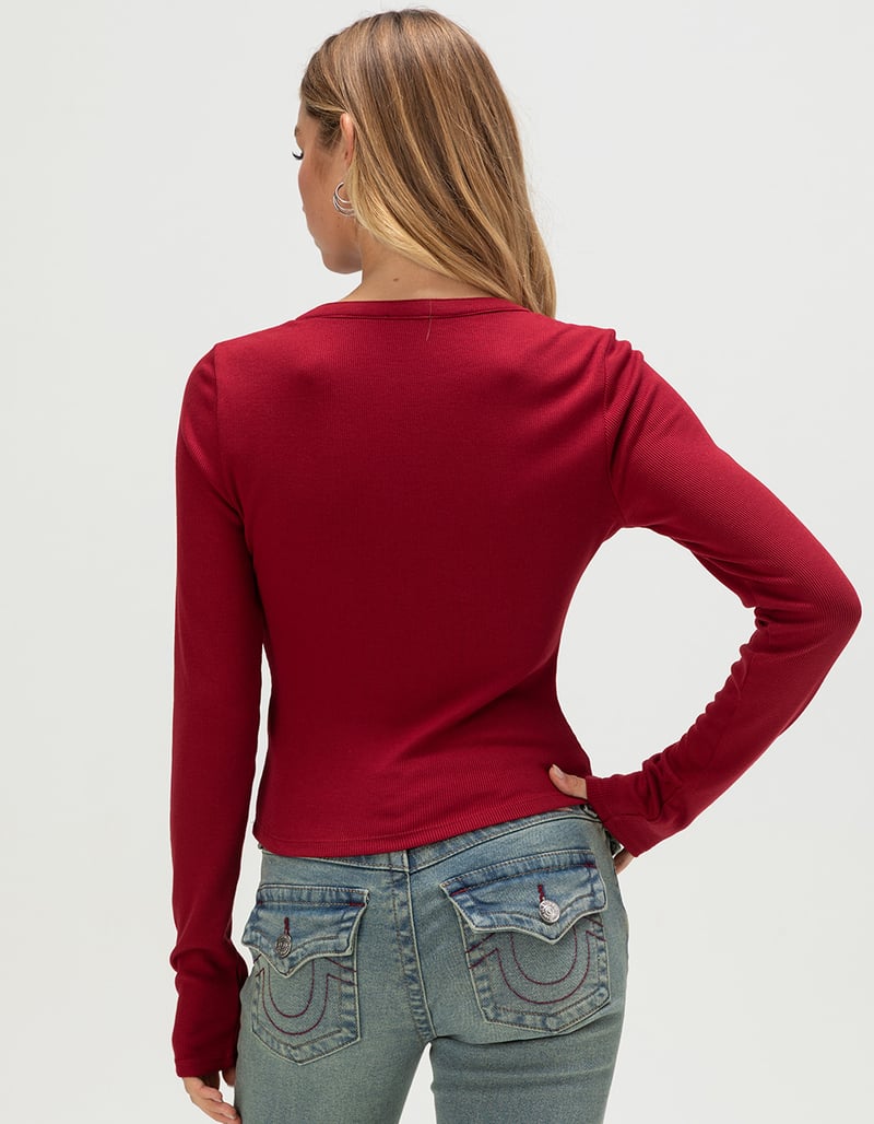 TRUE RELIGION Ribbed Faded Logo Womens Long Sleeve Henley Top image number 3