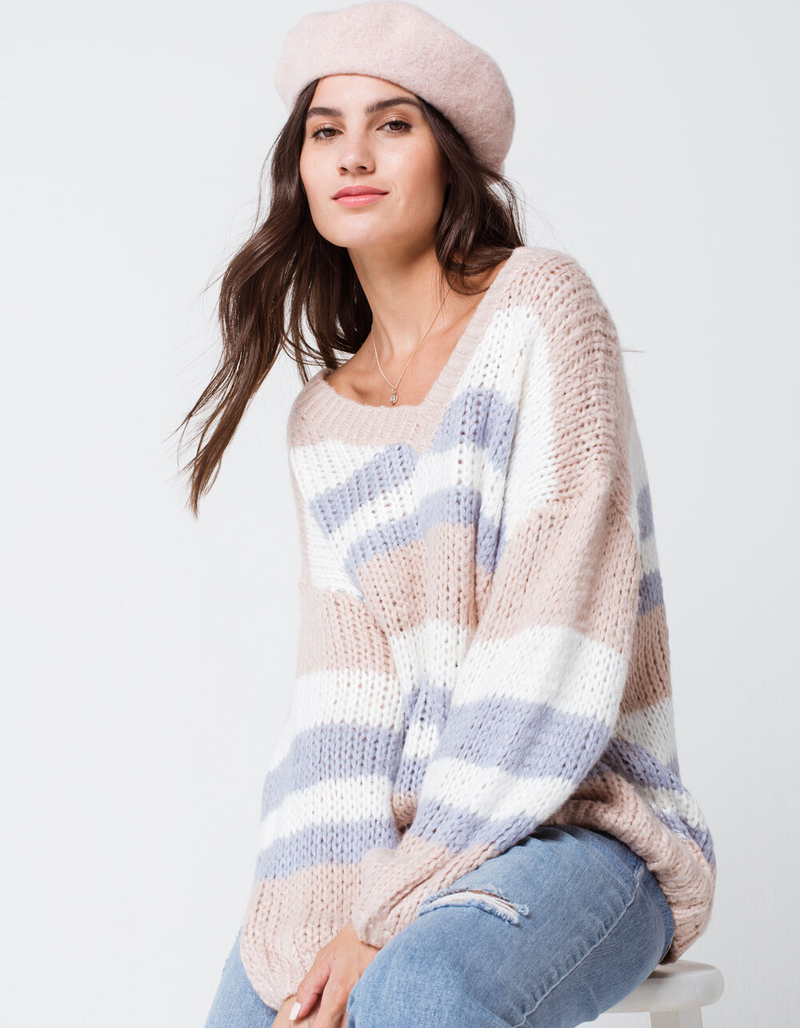 RSQ Fuzzy V Neck Stripe Womens Sweater image number 0