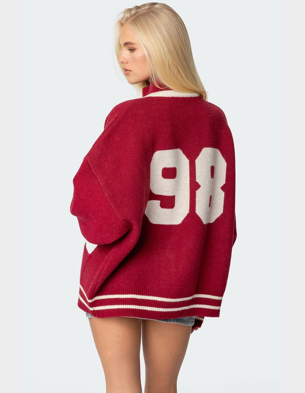 EDIKTED 98 Varsity Zip Up Sweater - DK RED | Tillys