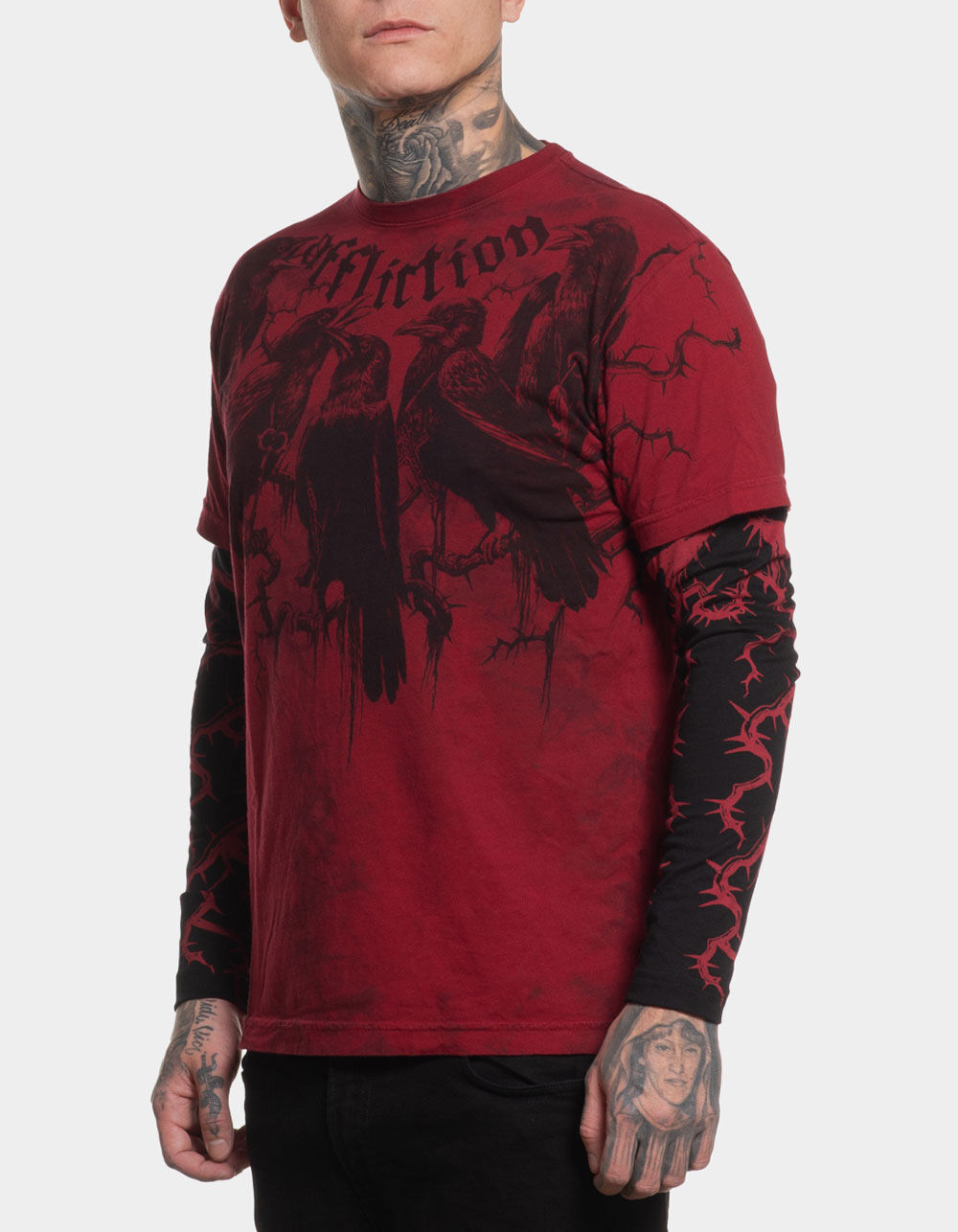 AFFLICTION Crows Mens 2fer Long Sleeve Tee - BURGUNDY | Tillys