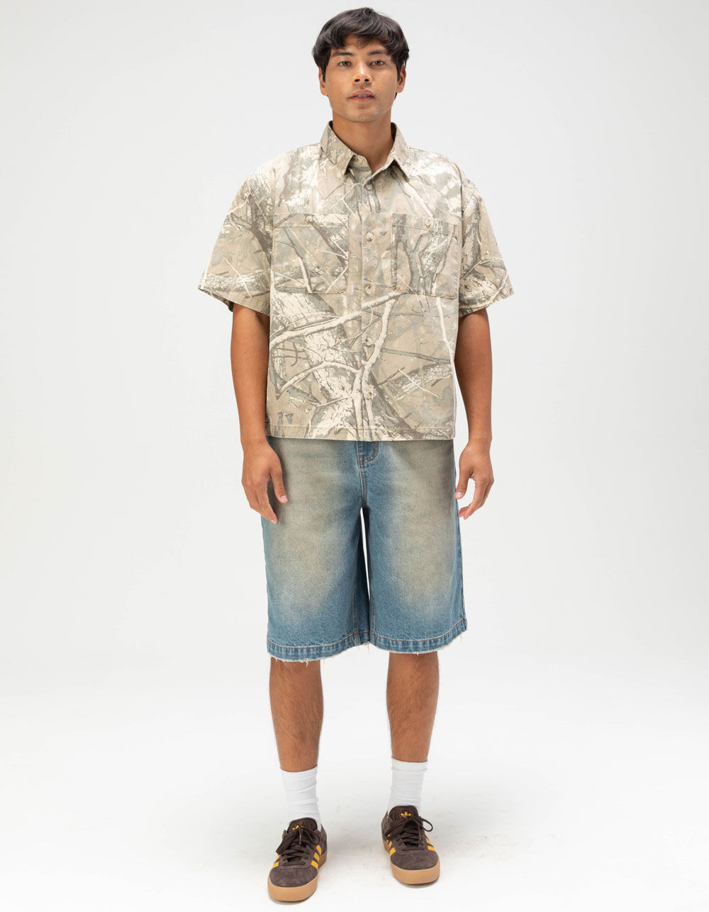 RSQ Mens Cropped Washed Twill Camo Button Up Shirt - CAMO KHAKI
