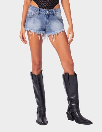 EDIKTED Erika Low Rise Frayed Denim Shorts Primary Image