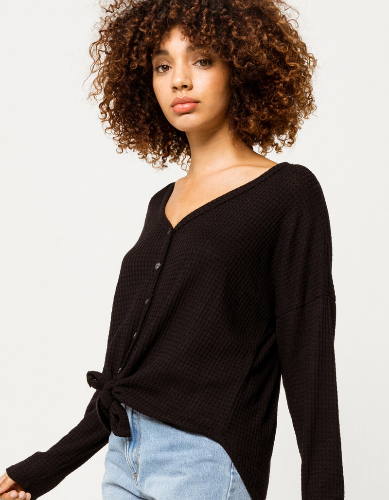 SKY AND SPARROW Button Tie Front Black Womens Thermal Top image number 1