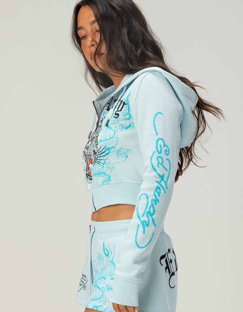 ED HARDY Blue Leopard Womens Zip-Up Rhinestone Hoodie image number 3