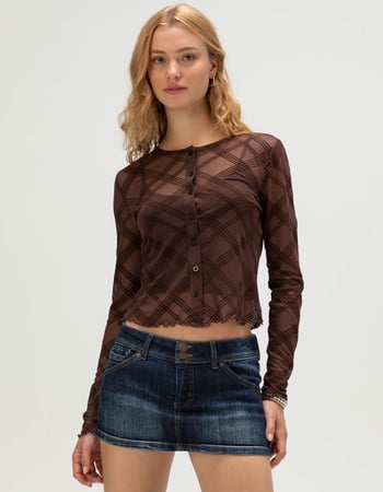 RSQ Womens Plaid Mesh Button Front Long Sleeve Top Primary Image