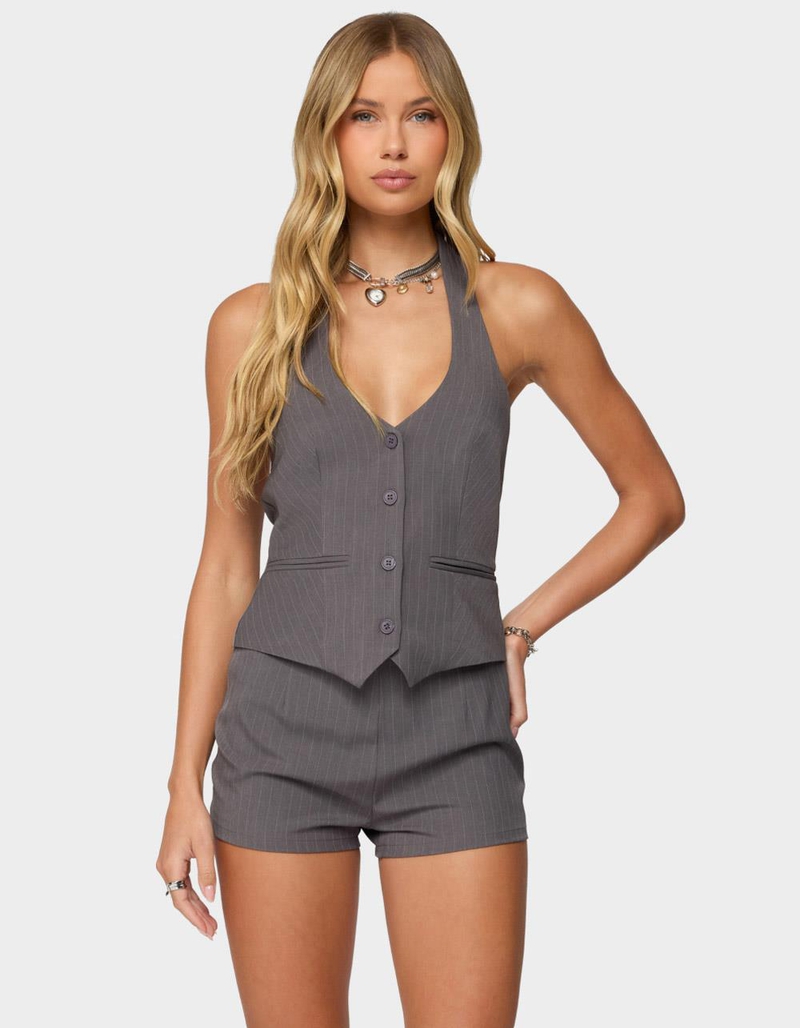 EDIKTED Riya Pinstripe Button Up Halter Top image number 0