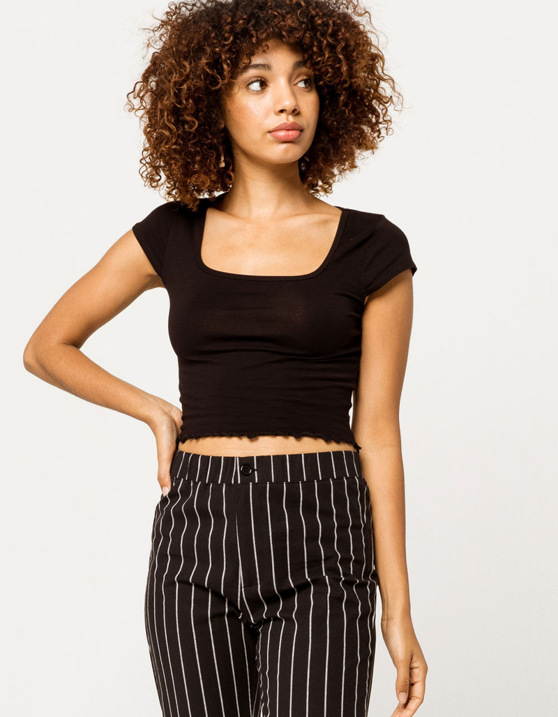 BOZZOLO Square Neck Lettuce Edge Black Womens Tee image number 0